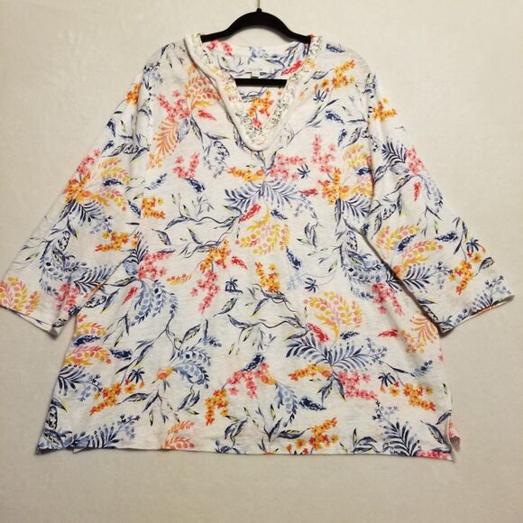 Chico's 4 (XXL) Top 100% Linen Knit Floral Tunic Beaded Fringe Beach Coastal - Picture 1 of 8